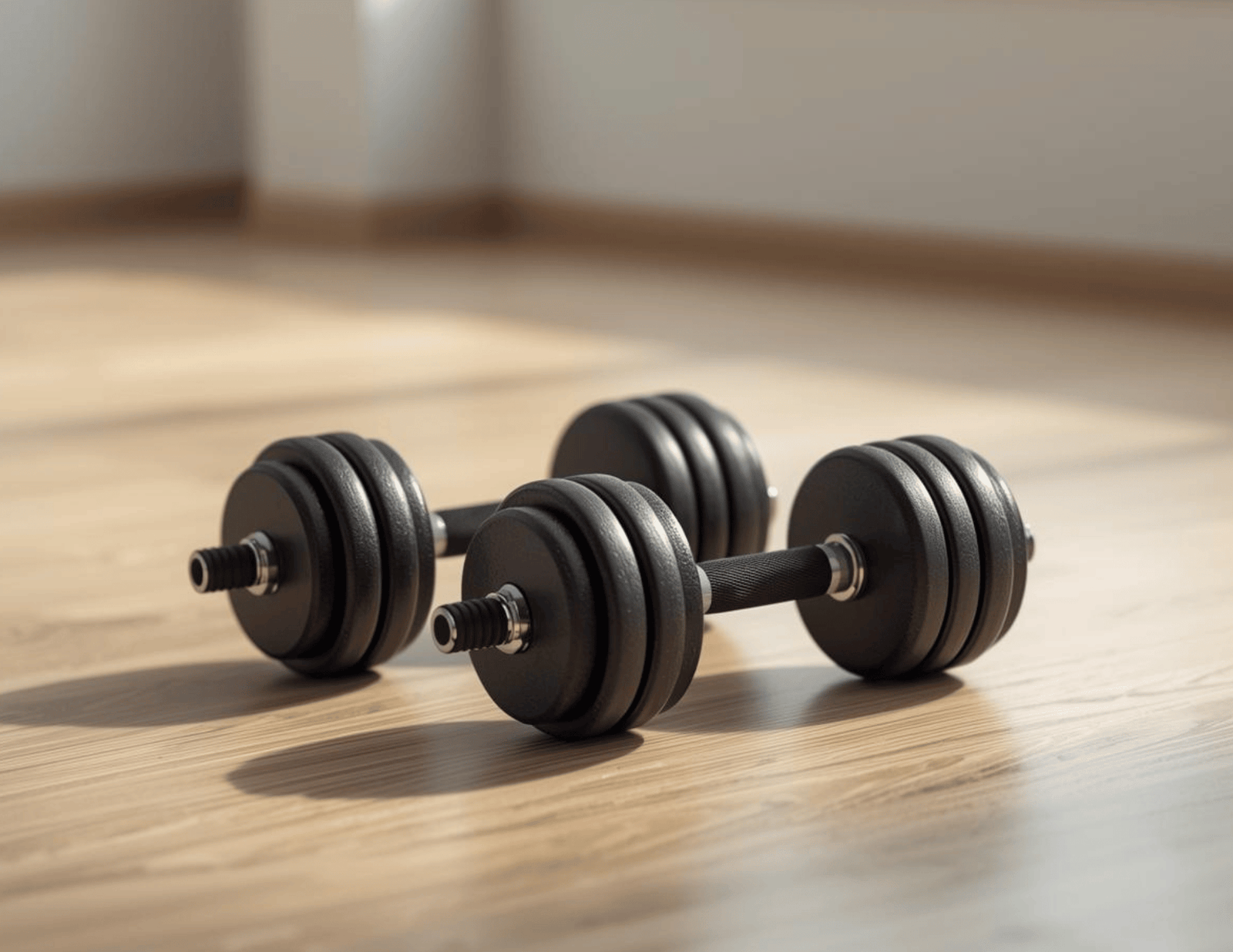 Best Home Gym Equipment to Build Your Complete At-Home Workout Space Matte black adjustable dumbbells resting on a light wood floor.