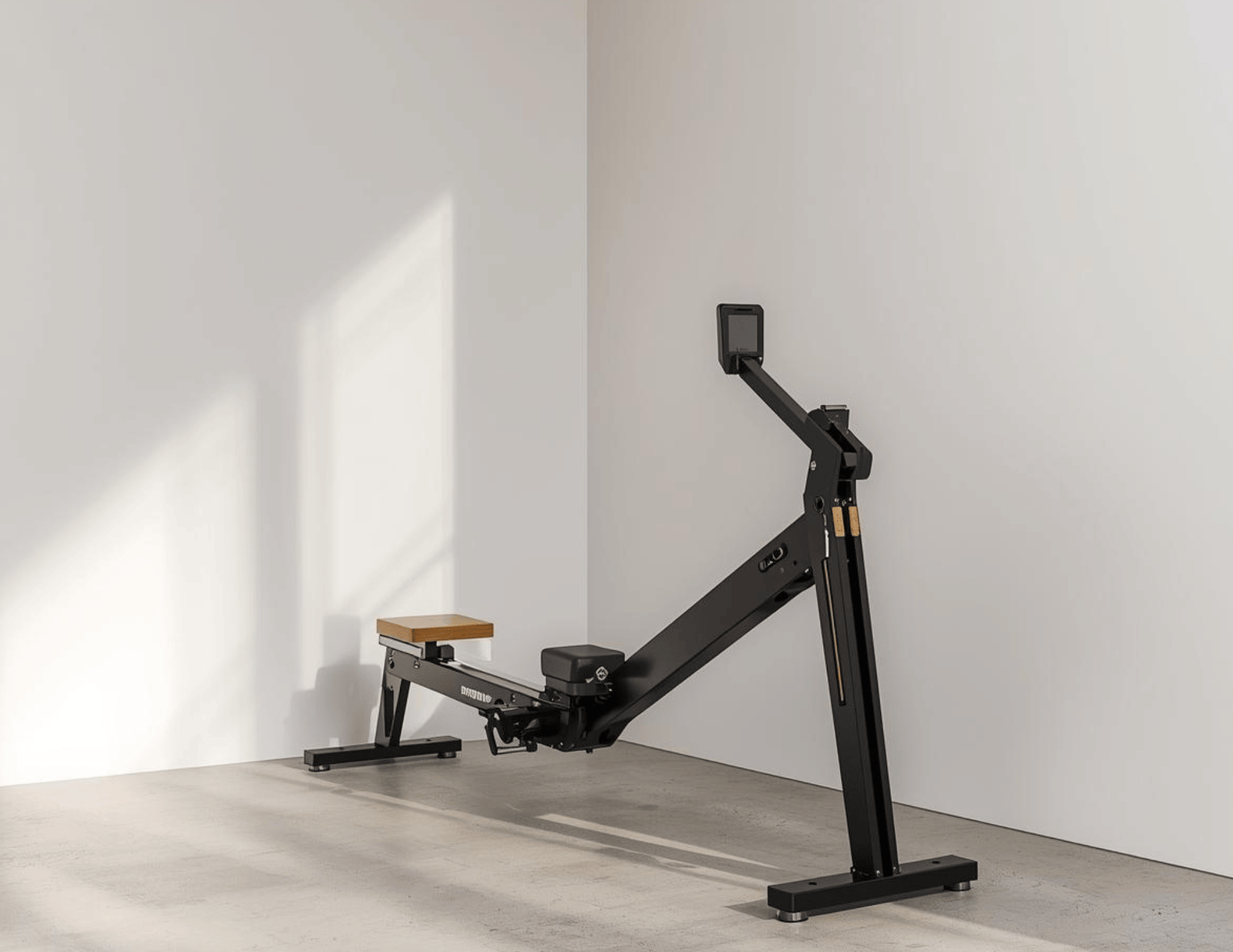 Best Home Gym Equipment to Build Your Complete At-Home Workout Space A wood and steel rowing machine stored vertically in a minimalist room.