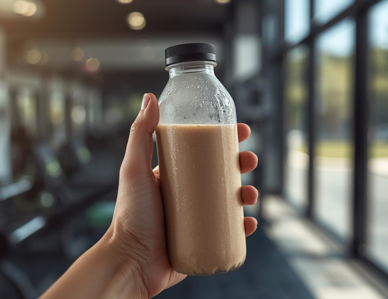 Your Ultimate Guide to Protein Supplements A chilled, ready-to-drink protein shake being held in a hand at the gym.