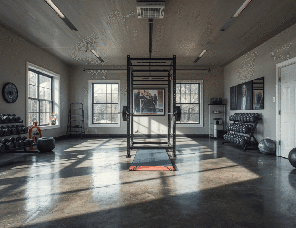A professional, minimalist home gym with a power rack and wood accents in a sunlit room.