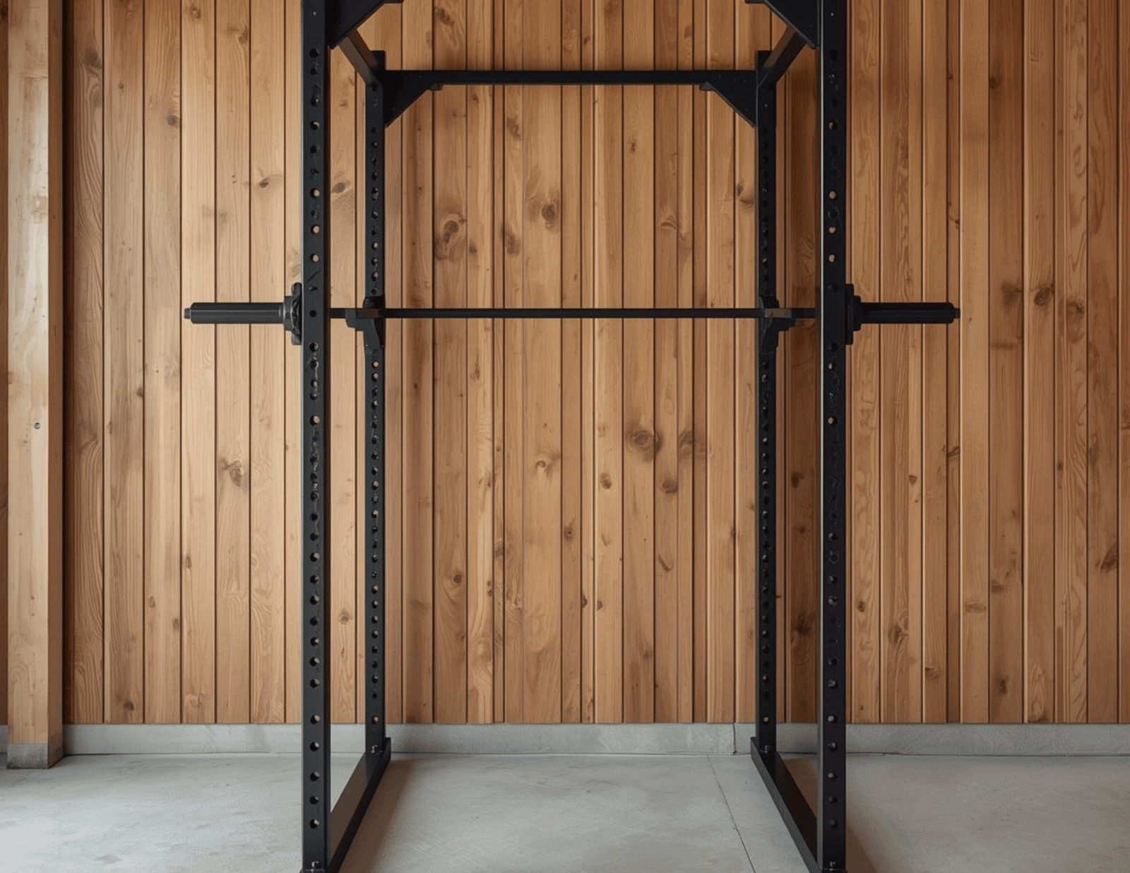 Best Home Gym Equipment to Build Your Complete At-Home Workout Space A space-saving black squat rack mounted on a wood-paneled wall.