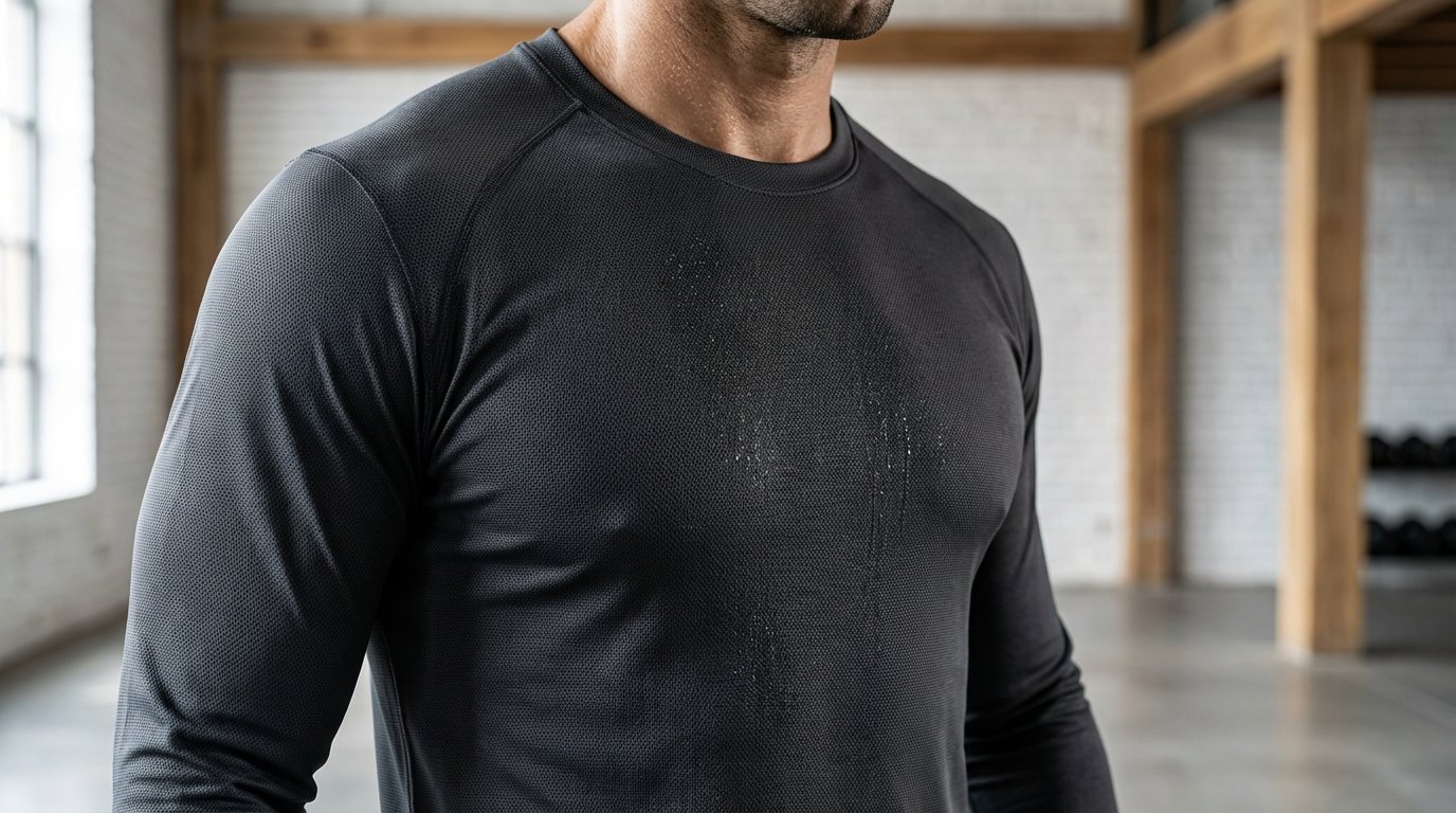 Close-up of a man wearing a grey moisture-wicking performance shirt.