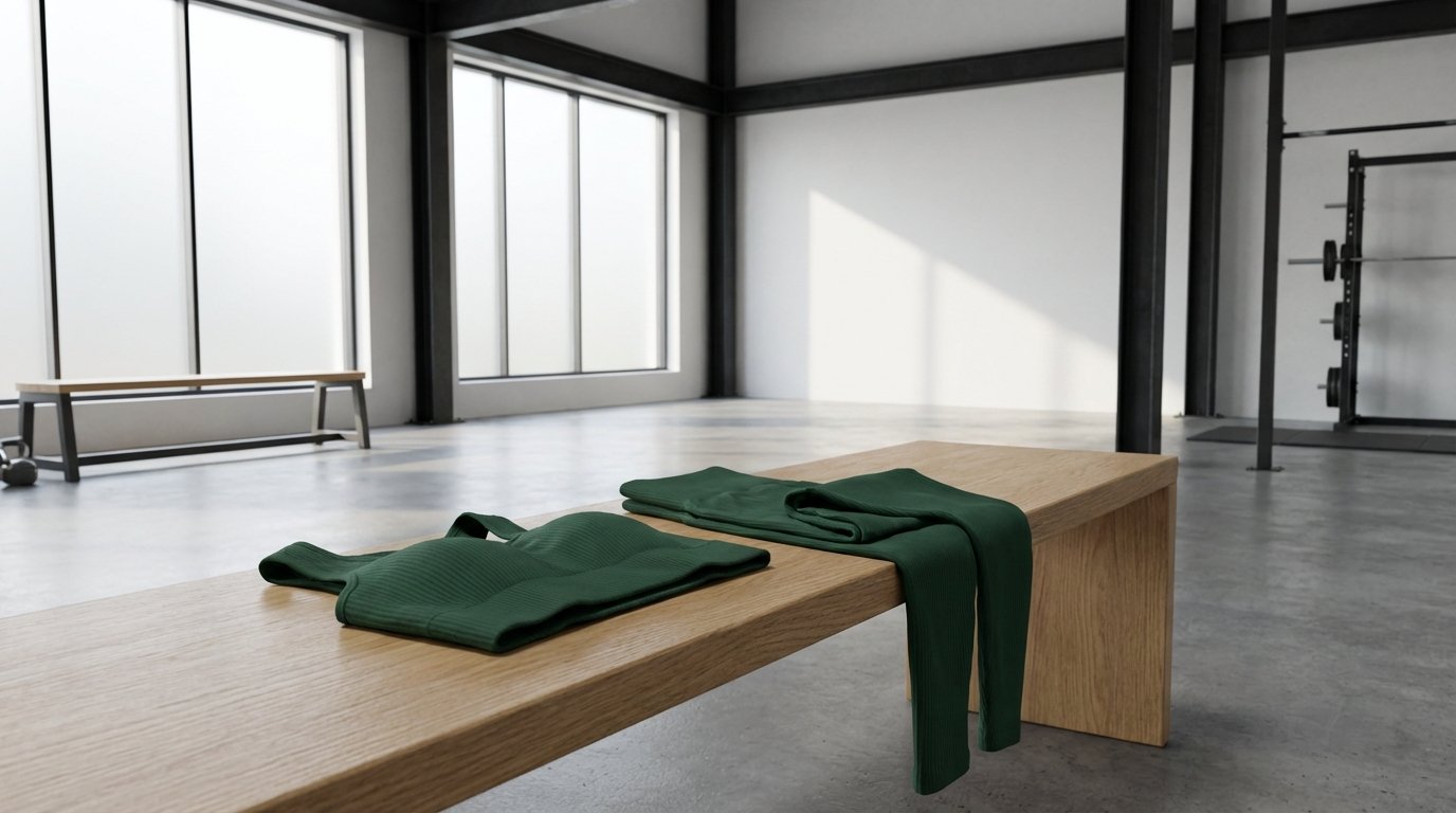 A coordinated seamless workout set displayed on a wooden gym bench.