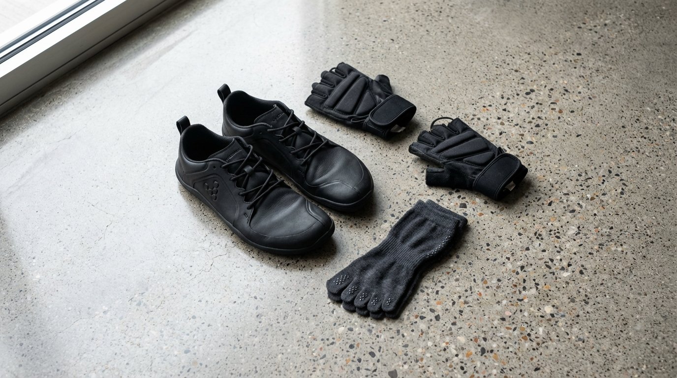 Beginner gym accessories including minimalist shoes, gloves, and grip socks.