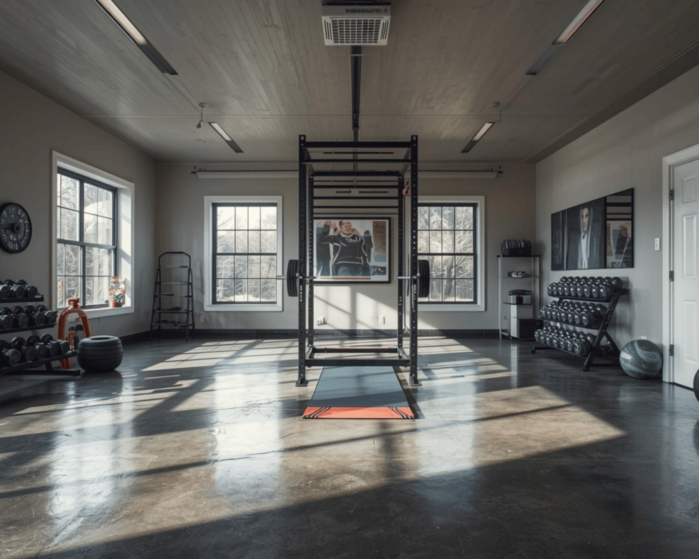 A professional, minimalist home gym with a power rack and wood accents in a sunlit room.
